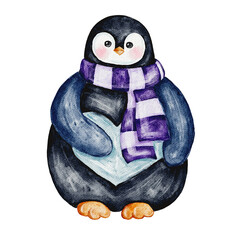 Cute winter penguins watercolor illustration