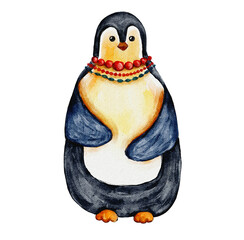 Cute winter penguins watercolor illustration