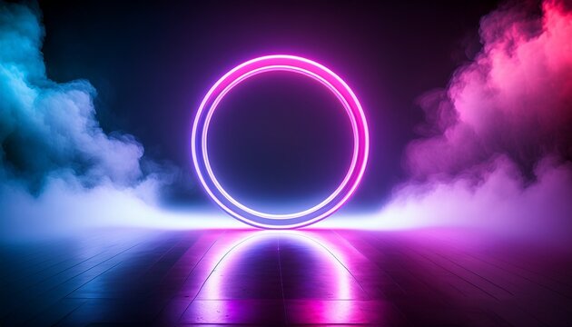 Glowing Neon Ring Emitting Pink And Purple Light With Hazy Smoky Background Reflecting On Textured Floor Creating Futuristic Atmosphere