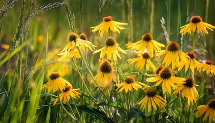 A Patch Of Vibrant Yellow Coneflowers Blooming Amidst Tall Green Grass And Feathery Seed Stalks