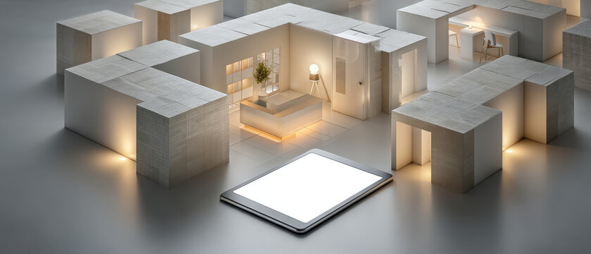 Semi-isometric 3D dental clinic floor plan with highlighted room and floating tablet