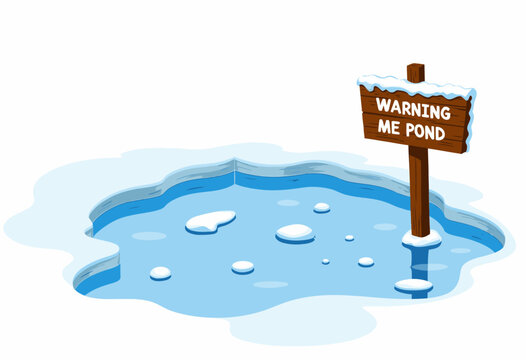 Cartoon illustration of a frozen pond with icy surface and snow-covered wooden warning sign amidst wintry landscape.
