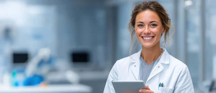 Friendly female dentist holding tablet in modern clinic with pastel blue background