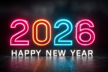 Futuristic neon 2026 New Year greeting card with glowing text on dark background