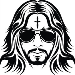 Detailed black and white portrait showcases a man with long hair and sunglasses