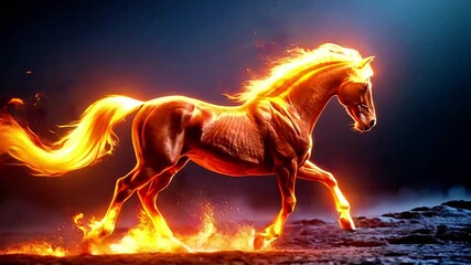 Symbol of the year. A breathtaking fire horse gallops dynamically, engulfed in vibrant flames, symbolizing immense power, energy, and freedom. This mystical creature radiates an awe-inspiring presence