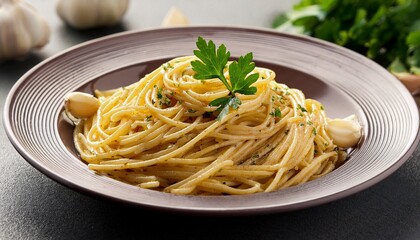 Close Up Shot Of A Plate Of Spaghetti Aglio E Olio A Classic Italian Pasta Dish Garnished With Parsley And Garlic