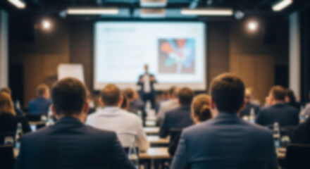 A blurred business conference scene showing an audience facing a speaker in a professional meeting room.