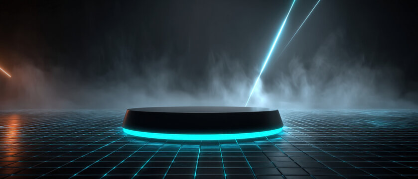 Futuristic neon grid floor with glowing circular platform and diagonal light beams