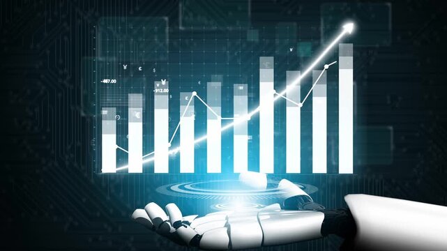 A robotic hand presents digital analytics with glowing graphs and charts symbolizing growth in technology and finance. Ideal for themes of innovation and advancement. Copula