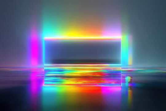 Abstract neon glitch background with vibrant horizontal bands and smooth central space