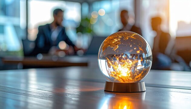 Glowing glass globe on conference table symbolizing global connection innovation and sustainability in corporate world