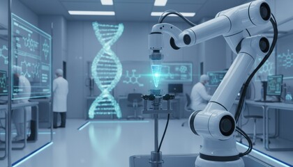 Futuristic robotic arm pipetting in a dna lab, illustrating ai powered automation transforming genetics research and personalized medicine of tomorrow