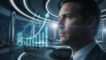 A business professional observing futuristic financial growth graphics representing innovation trends economic forecasts and strategic corporate vision