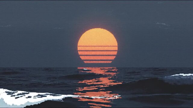 Sunset over ocean waves in retro style. VHS aesthetic video sequence showing setting sun bird in sky crashing wave and reflective seascape. 80s 90s nostalgic beach scene.