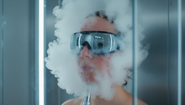 Woman in cryotherapy chamber wearing reflective goggles surrounded by cold vapor, futuristic wellness treatment scene in modern spa clinic