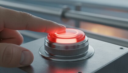 Finger hovers over a glowing red emergency stop button, conveying urgent decision making, shutdown risk and the pressure of critical choices