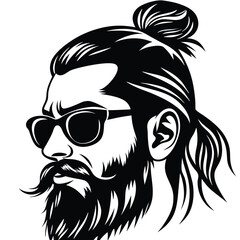 Bearded man with sunglasses showcases his topknot hairstyle in stark black and white