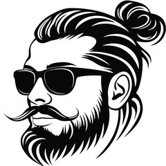 Bearded man with sunglasses, topknot hairstyle, and mustache displays classic male style in monochrome