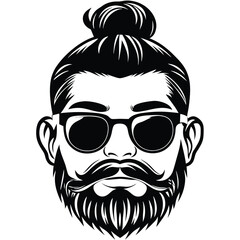 Isolated black line art shows a hipster man with bun and beard