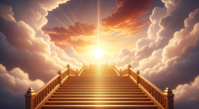 Ethereal clouds surround a golden stairway leading to a vibrant sunset, representing a path of spiritual enlightenment and growth.