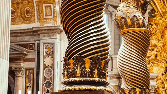 The Baldacchino at St Peter's Basilica, Basilica di San Pietro, in Vatican City, Holy See, Rome, Italy, by Gian Bernini in 1633, a canopy over the high altar