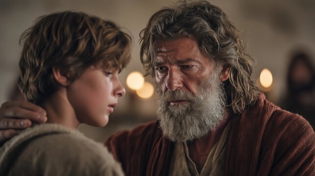Samuel anointing young Saul by candlelight in a private chamber.