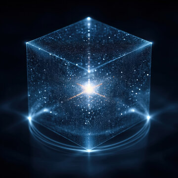 Geometric wireframe cube with circular stage on dark blue dotted grid background