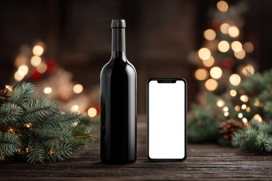 Wine bottle with blank label and smartphone on wooden table with festive lights and pine branches