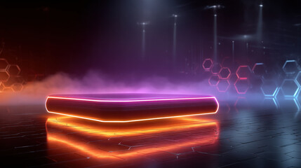 Futuristic neon shelf floating above reflective floor with glowing hex grid and light beams