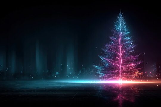 Neon cyber Christmas tree glowing with cyan and magenta lights on dark futuristic background