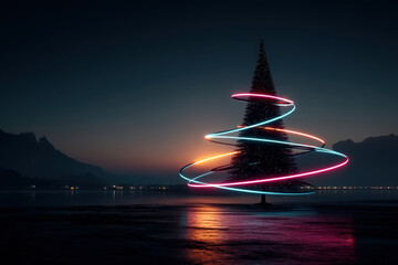 Futuristic neon concentric ring Christmas tree glowing against gradient sky with particles