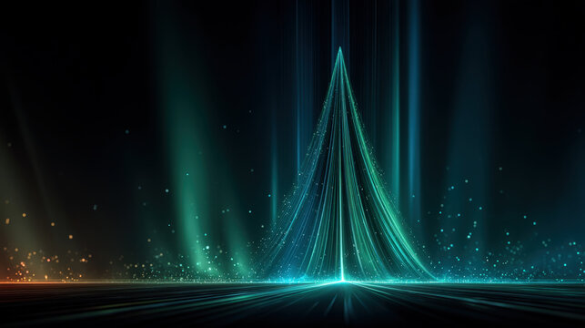 Futuristic Christmas tree made of glowing mint and cyan light beams on dark background