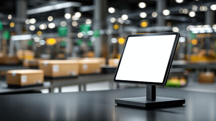 Tablet showing blank invoice approval screen on stand in busy logistics hub