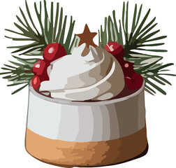 A festive creamy dessert topped with whipped swirl, red berries, pine branches, and a small gingerbread star for a cozy holiday look.