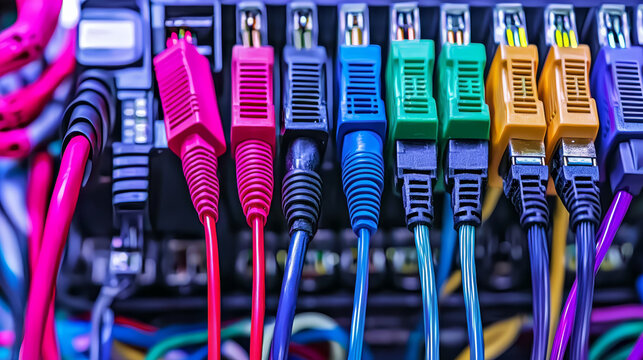Colorful network cables plugged into a server rack showcasing a vibrant connected data center.