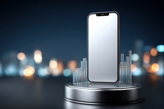 Modern fintech smartphone on metallic podium with floating transparent stock charts