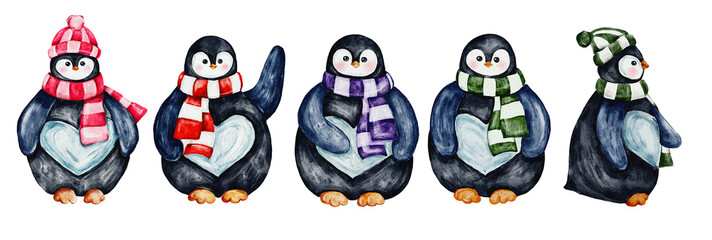 Cute penguins clipart watercolor illustration