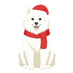Cute Samoyed Dog in Santa Hat and Red Scarf