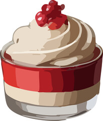 A creamy layered dessert in a glass with a bright red stripe, topped with a smooth whipped swirl and a cluster of glossy red berries.