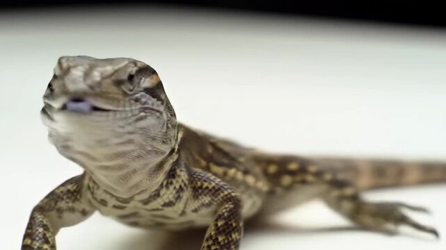 Lizard with patterned skin crawls over bright white background, shot in shallow depth of field