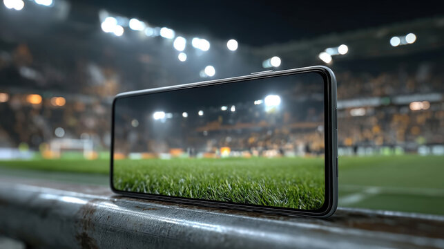Smartphone with blank white screen on stadium railing overlooking blurred football field and crowd