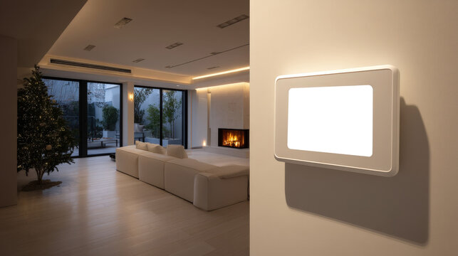 Modern living room with smart home tablet and thermostat on wall, warm lighting, spacious - Powered by Adobe