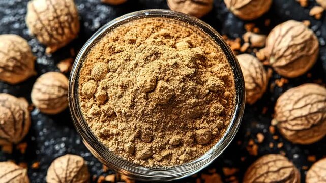 Close-up overhead shot of ground nutmeg spice powder in a glass bowl surrounded by whole nutmeg seeds and crumbs on a dark background.