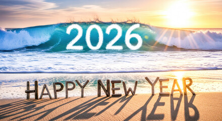 Happy new year 2026 on ocean wave, sandy beach, and radiant golden sunset light. Vector