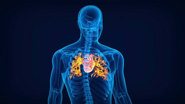 Scientific 3D rendering of the human respiratory system, showing the pathological effect of disease on the lungs within the skeletal frame