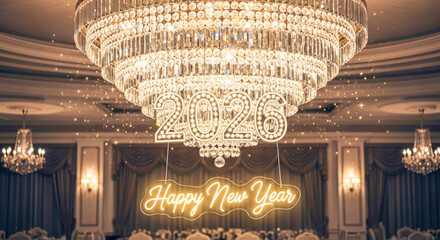 Luxury crystal chandelier with 2026 and happy new year signs for festive celebration Vector