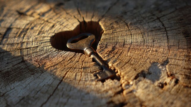 Key Unlocking Heart-Shaped Wood in Sunlit Conceptual Art