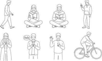 Diverse people in everyday activities line art illustration for design projects