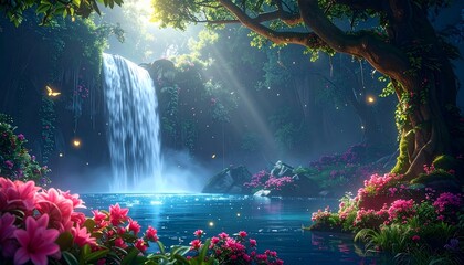 Enchanting Waterfall Scene: A Serene Landscape with Lush Flora and Mystical Light